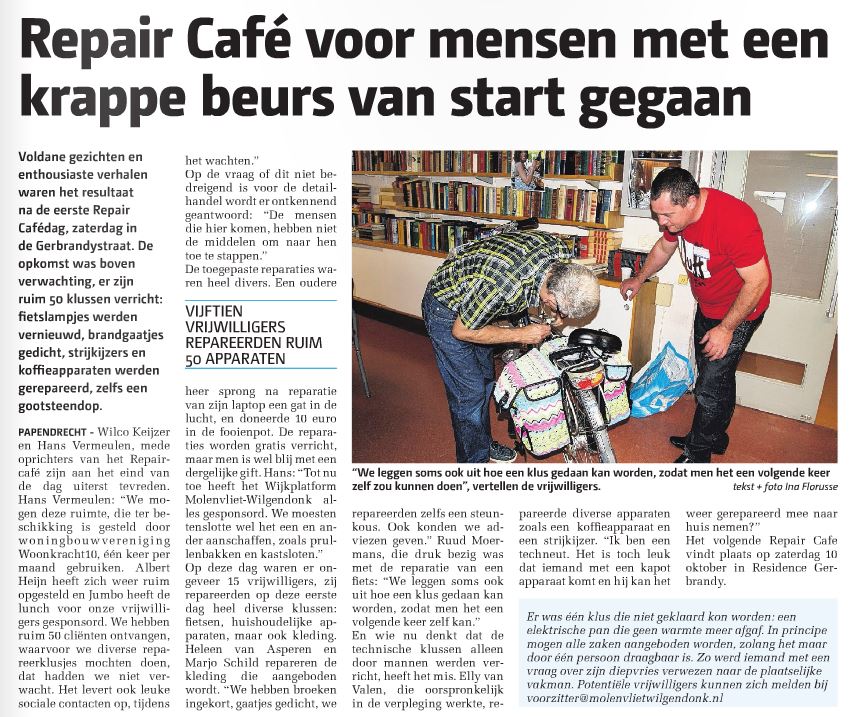 Een foto van het krantenartikel over de start van Repair Café Papendrecht